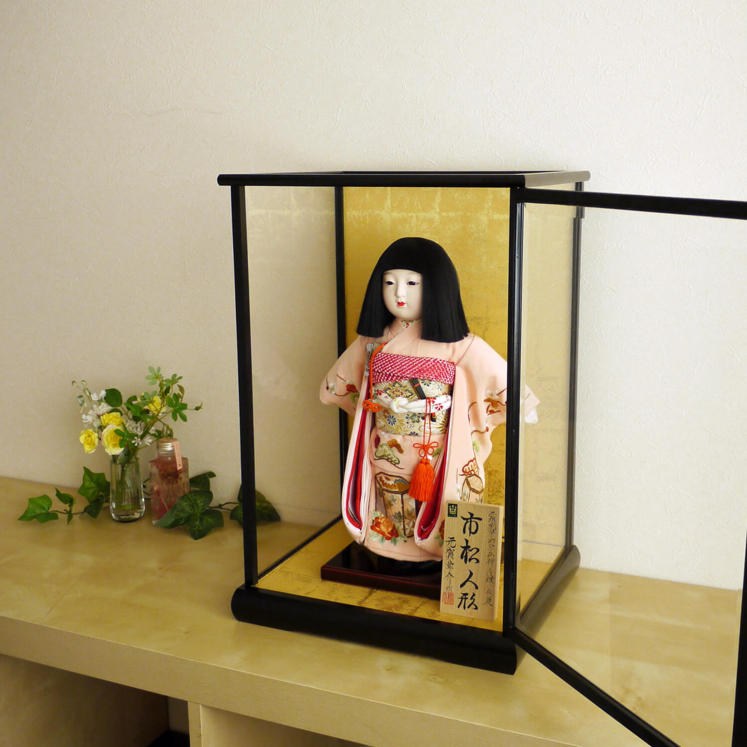 11号,12号用 国産 最高級人形ケース 黒塗前扉 前ガラス面取 市松人形