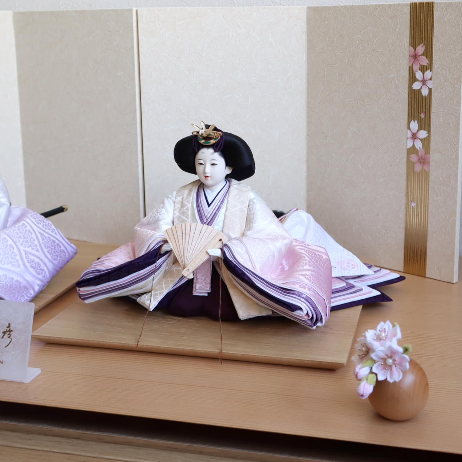 誕生日プレゼント 最新作 田村芙紗彦作 紫桜リボン刺繍 無地扇 済美箔屏風 コードレス燭台 ちりめん丸玉桜 木製菱餅 ナチュラル杉製平台 ひな人形  雛人形 お雛様 スタイリッシュ かわいい インテリア モダン