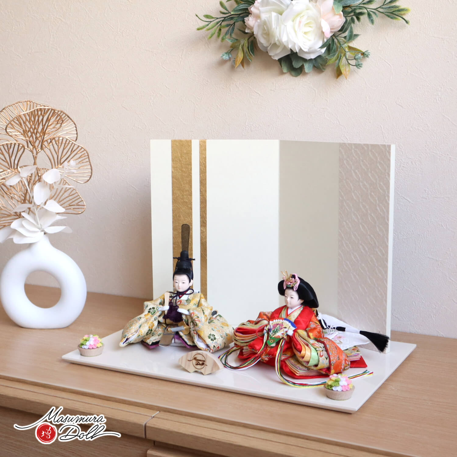 柳 親王飾り 宝相華紋 花唐草 ☆ 金ライン七宝和紙屏風 半円 柳 親王飾り 宝相華紋 花唐草 ☆ 金ライン七宝和紙屏風 半円