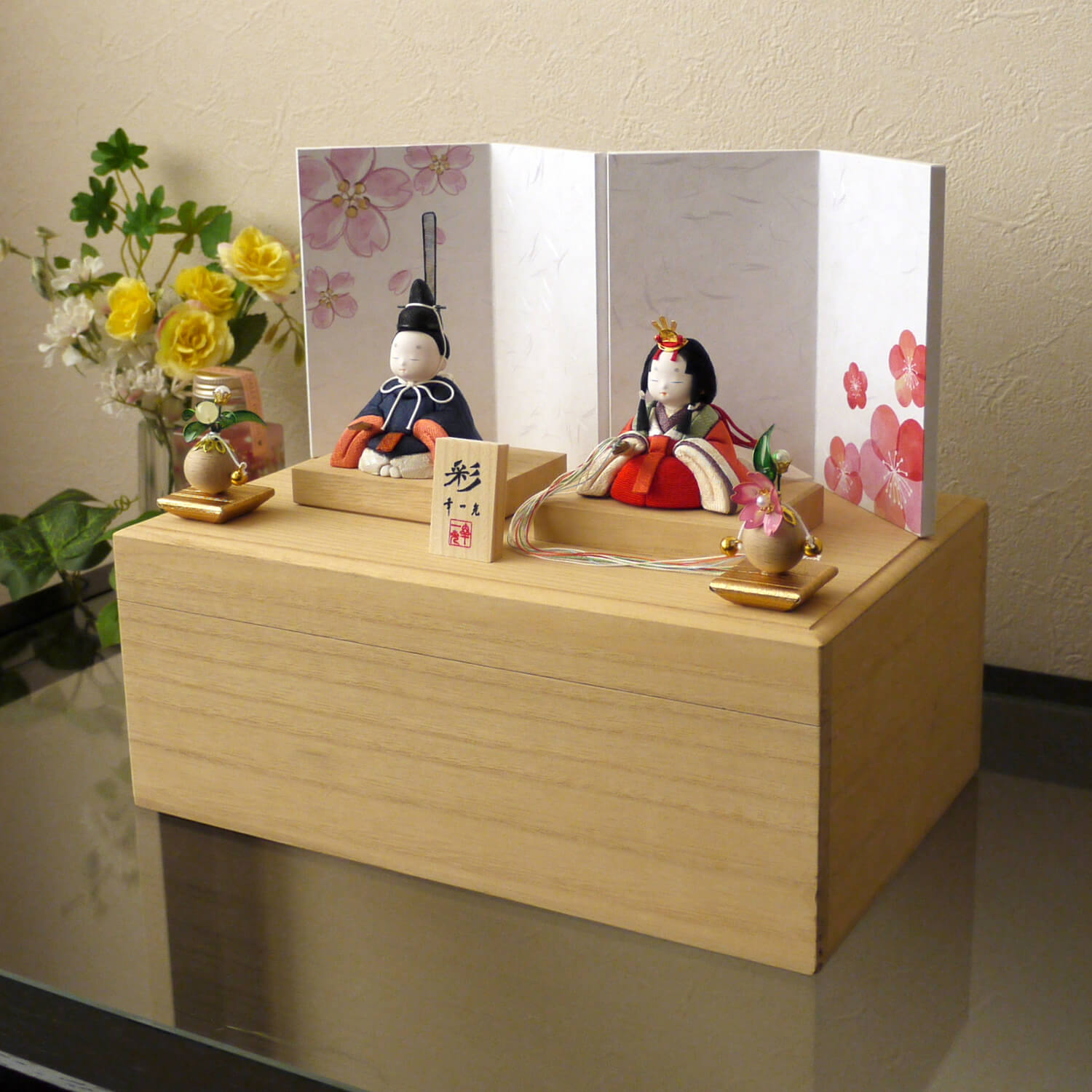 【増村限定品】幸一光作 彩-AYA- 正絹西陣織紺 国産桜梅柄屏風飾り クリアフラワー桜橘 国産桐箱収納【増村人形オリジナル作品】ひな人形 雛人形  お雛様 おひなさま お雛さま 木目込み人形 コンパクト かわいい インテリア